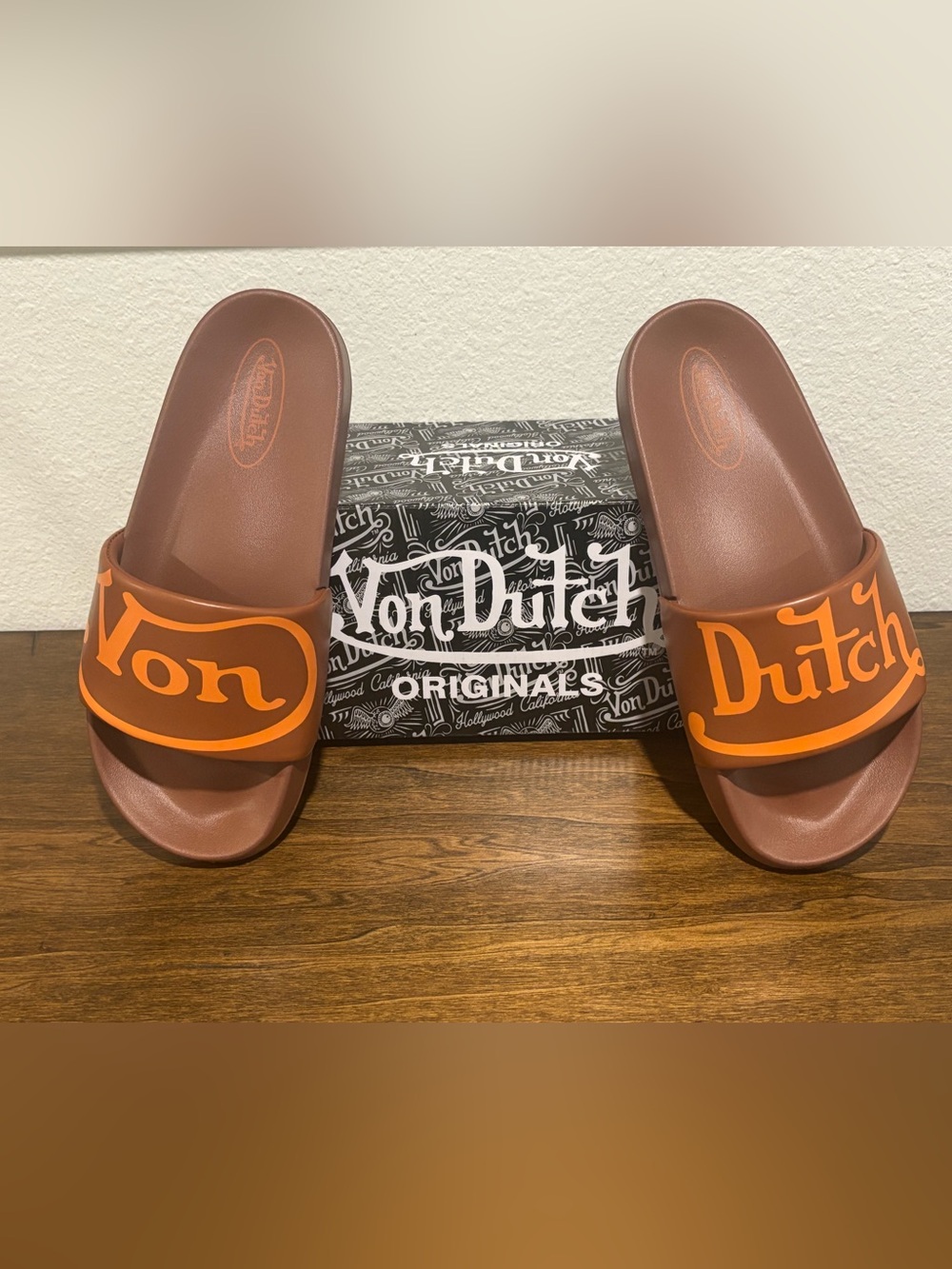 Von Dutch Brown Slide Sandals with Orange Logo Strap